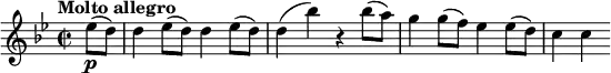 \relative c'' {
\key g \minor
\tempo "Molto allegro"
\time 2/2
\set Staff.midiInstrument = #"violin"
\set Score.tempoHideNote = ##t \tempo 2 = 105
\partial 4 es8(\p d) |
d4 es8( d) d4 es8( d) |
d4( bes') r bes8( a) |
g4 g8( f) es4 es8( d) |
c4 c
}