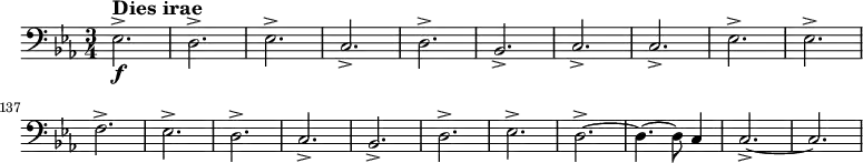 \relative c {
\set Score.tempoHideNote = ##t \tempo 2 = 86
\set Staff.midiInstrument = #"trombone"
\set Score.currentBarNumber = #127
\key c \minor
\time 3/4
\clef bass
es2.->\f^\markup { \large \bold "Dies irae" }
d->
es->
c->
d->
bes->
c->
c->
es->
es-> \break
f->
es->
d->
c->
bes->
d->
es->
d~->
d4.~ d8 c4
c2.~->
c2.
}