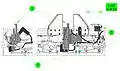 Front and side elevation diagrams of the Capture Latch (1) in the closed position. The underside of the Ready-to-Latch Indicator (2) shows one set of springs that will be compressed by the PCBM Alignment Guide during capture. The cables (3) are for the latch and its limit switch, the RTL, and nearby Powered Bolts.