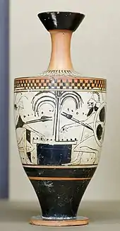 Achilles and Ajax playing a board game (Attic shoulder lekythos by the workshop of the Diosphos Painter, c. 500 BC)