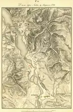 Combat of LeccoA – Shveikovsky and Vukassovich on the night of 25–26 AprilB – Bagration upon the occupation of LeccoC – Soyez's unit retreated from LeccoC' – A French column, sent to bypass BagrationD – Dendrygin's battalion, which arrived with MiloradovichE – 2 battalions of Rosenberg's and Baranovsky's regiments, who arrived with ShveikovskyF – Russian artillery left under cover of Baranovsky's battalionG – The main column of Russians on the move towards LeccoH – Vukassovich on the move to BrivioI – French posts protecting the crossings