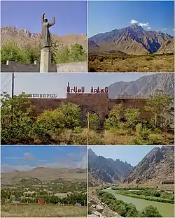 From top left:War Memorial • Mount Kumtal Araks Caravanserai • Town Panorama Araks river and Iran-Armenia Border