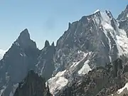 The Peuterey Ridge on the Mt. Blanc massif. From left to right Aiguille Noire de Peuterey (3773&nbsp;m), Brèche-sud (3429&nbsp;m), the Dames Anglaises (3601&nbsp;m), Brèche-central, L'Isolée, Brèche-nord (3491&nbsp;m), Aiguille Blanche de Peuterey (4112&nbsp;m) and Col de Peuterey (3934&nbsp;m)