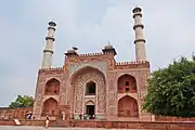 Akbar's Tomb at Agra, uses red sandstone and white marble, like many of the Mughal monuments. The Taj Mahal is a notable exception, as it uses only marble.