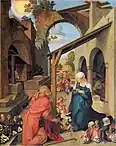 Adoration of the Child, central panel from the Paumgartner altarpiece,  c. 1500, oil on limewood, 155&nbsp;×&nbsp;126.1&nbsp;cm, Alte Pinakothek, München (706). Gothic yet, with not perfected liniar perspective