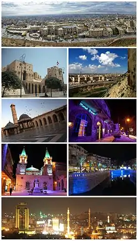 Ancient City of AleppoAleppo Citadel • The entrance to al-Madina SouqGreat Mosque of Aleppo • Baron HotelSaint Elijah Cathedral • Queiq RiverPanorama of Aleppo at night
