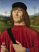 Man with a Pink Carnation, c. 1495 - Oil & egg tempera on poplar; H. 50&nbsp;cm, W. 39&nbsp;cm, National Gallery of London