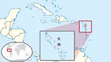 Map of the northern Lesser Antilles, with two islands in the northeast colored green. Inset shows location of this map on a world map.