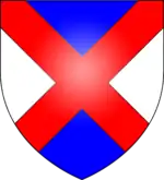 Per saltire azure and argent, a saltire gules (Gage of Hengrave)