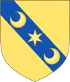 Ancestral Scott arms: Or on a bend azure a mullet of six points between two crescents of the field
