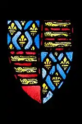 Coat of arms with three lions, gold on red, in two quarter, fleurs de lys, gold on blue, in two