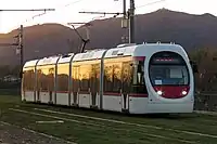 The light rail transit trams on the Xijiao (Western Suburban) line run on standard gauge track and draw power 750V alternating current (AC) electrical power from overhead lines. The Xijiao line uses five-car trams and can reach a top speed of 70&nbsp;km/h (43&nbsp;mph).