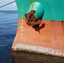 Barnacles on a ship. The resulting biofouling creates drag, slowing the ship and reducing its fuel efficiency.