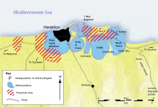 A colour map of Allied dispositions and German drop zones around Heraklion