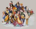 An illustration of the Eight Immortals. Lan Caihe is on the far right, as a young person in pale clothing, holding a flower basket. nd.