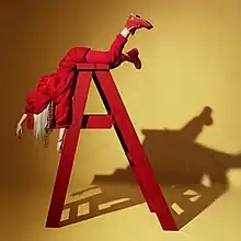 Eilish is seen posing on a ladder