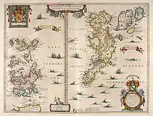 An old map of two island groups with the Orcades at left and Schetlandia at right. A coat of arms at top left shows a red lion rampant on a yellow shield flanked by two white unicorns. A second heraldic device is shown at the bottom right below the Oceanus Germanicus. This has two mermaids surrounding a tabula containing very small writing, topped by a yellow and blue shield.