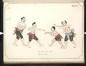Watercolour painting from 1897 depicting a 19th-century boxing match. All fighters wear longyi and Htoe Kwin tattoos.