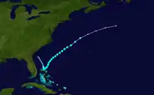 Storm track of a tropical storm that formed east of Florida and moved northeast out to sea
