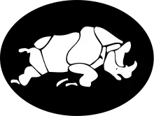 A charging white rhinoceros on a black background