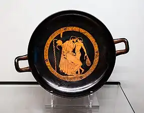 Attic kylix depicting a lover and a beloved. Brygos Painter. Around 485 - 480 BCE. Ashmolean Museum
