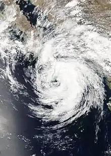 Satellite image of Tropical Storm Bud approaching the Baja California Peninsula on June 14