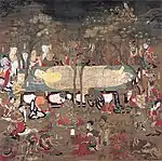 Buddha's Nirvana. Hanging scroll, 267.6&nbsp;cmx 271.2&nbsp;cm. Color on silk. Located at Kongōbu-ji, Mt. Kōya.