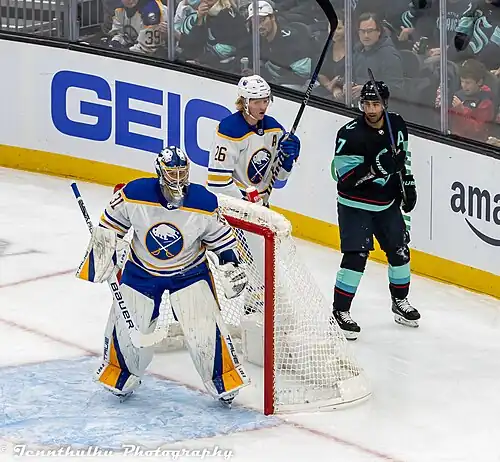 Buffalo Sabres at Seattle Kraken - October 25, 2022 - Jordan Eberle, Eric Comrie and Rasmus Dahlin.jpg