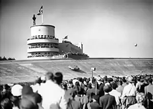 Streamlined Mercedes-Benz W25 Silver Arrow on the banking, 1937