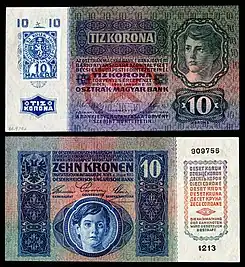 CZE-1-Republika Ceskoslovenska-10 Korun (1919, Provisional issue).jpg
