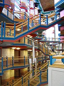 Polychromy and highly saturated colours – Main hall of the Judge Business School, University of Cambridge, England, by John Outram (1995)