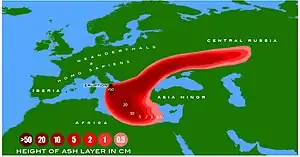 Map of Europe showing a red splotch over the Italian Peninsula stretching out to the east over Central Russia and over the Aegean and Ionic Seas, 50&nbsp;cm of ash centring, decreasing to 10 cm beyond, and steadily decreasing to 0