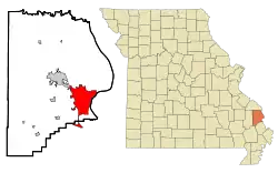 Location of Cape Girardeau in Cape Girardeau & Scott Counties, Missouri.