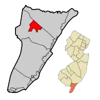 Location of Woodbine in Cape May County highlighted in red (left). Inset map: Location of Cape May County in New Jersey highlighted in orange (right).