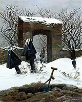 Graveyard under Snow (1826). 31 × 25&nbsp;cm. Museum der bildenden Künste, Leipzig. Friedrich sketched memorial monuments and sculptures for mausoleums, reflecting his obsession with death and the afterlife. He also created some of the funerary art in Dresden's cemeteries.