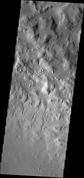 Cerulli Crater Channels, as seen by THEMIS.  Channels are on the inner north rim of the crater.