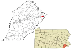 Location of Berwyn in Chester County and of Chester County in Pennsylvania
