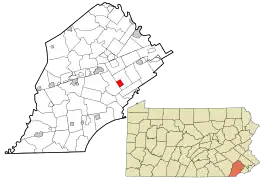 Location of West Chester in Chester County (left) and of Chester County in Pennsylvania (right)
