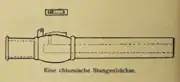 Drawing of a Chinese pole gun found in Java, 1421. It weighed 2.252&nbsp;kg, length of 357&nbsp;mm, and caliber of 16&nbsp;mm. This gun features a rain cover connected with hinge, which is now missing. The hinge is still preserved.