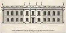 Drawing of a two-storey classical house with statues and urns along the roof