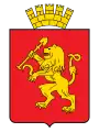 The coat of arms of Krasnoyarsk is topped with a form of mural crown, which is the golden five-tower coronet of rank of a Russian federal subject administrative centre.