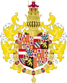 Coat of arms of Philip I of Castile (1506) with the symbol representing the Leonese kingdom, along with a castle, imperially crowned in the top (chivalric design proper of Golden Fleece Roll), Medieval Spain