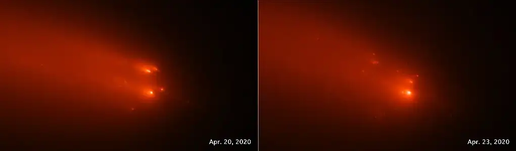 This pair of NASA/ESA Hubble Space Telescope images of comet C/2019 Y4 (ATLAS), taken on April 20 and April 23, 2020, reveal the breakup of the solid nucleus of the comet.