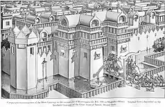 Conjectural reconstruction of the main gate of Kusinagara circa 500 BCE adapted from this relief at Sanchi.