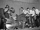 A hot orchestra performs specialty number in Crowley, 1938