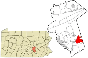 Location of Hershey in Dauphin County (right)
and of Dauphin County in Pennsylvania (left)