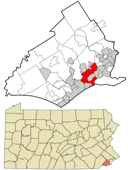 Location in Delaware County and the state of Pennsylvania.