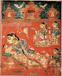 Detail of a leaf with, The Birth of Mahavira (the 24th Jain Tirthankara), from the Kalpa Sutra, c. 1375–1400.