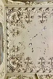 Rococo Revival stucco with cartouches in the corners on a ceiling of the Cantacuzino Palace, Bucharest, by Ion D. Berindey, 1898-1906