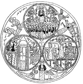 The Grigorovskoye Plate: Paten with biblical scenes in medallions, counterclockwise from bottom left: women at the empty tomb, the crucifixion, and the Ascension. Semirechye, 9th–10th century.
